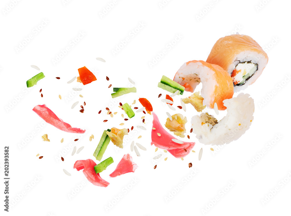 寿司卷成分在空气中冷冻，在白色背景上隔离
