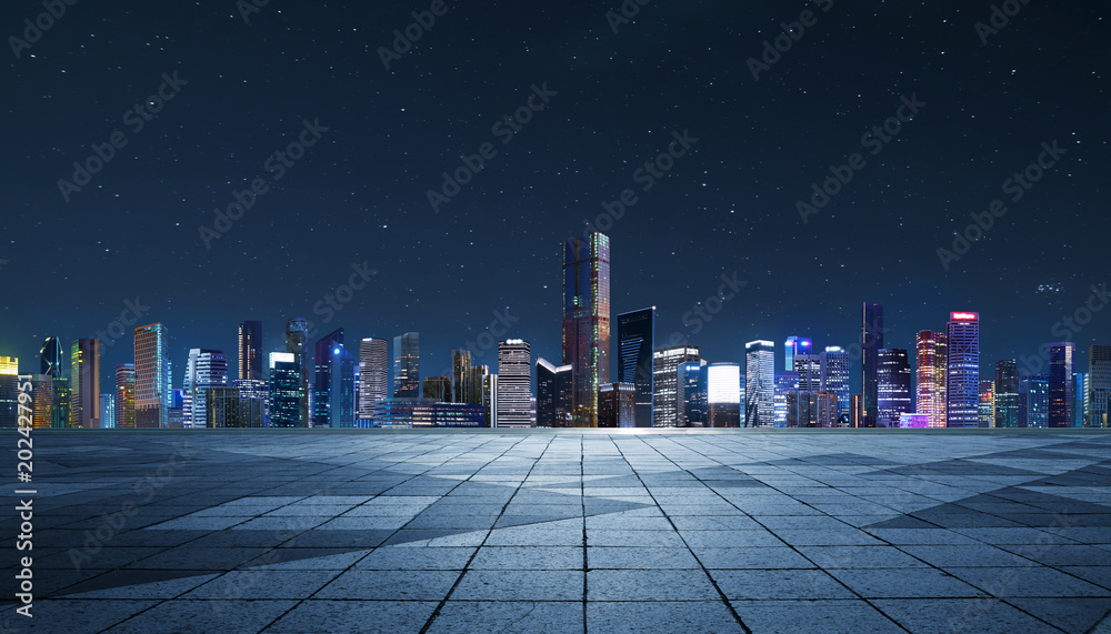 现代城市夜晚摩天大楼全景
