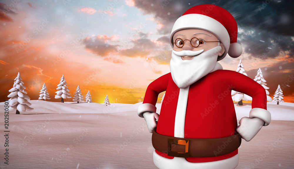 可爱的卡通圣诞老人与冷杉树的雪景对抗