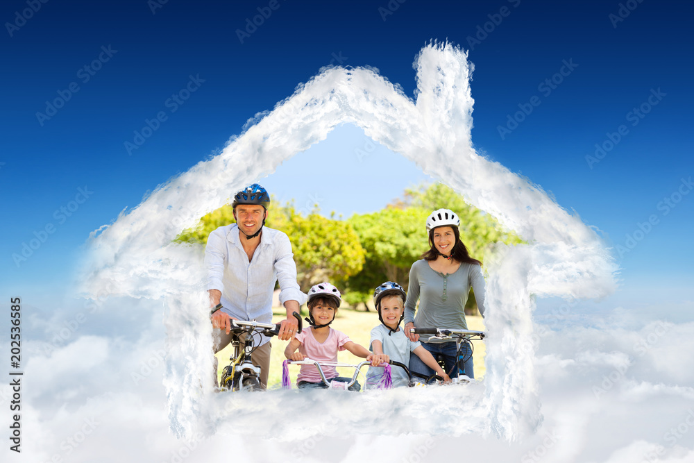 一家人骑着自行车，蓝天白云