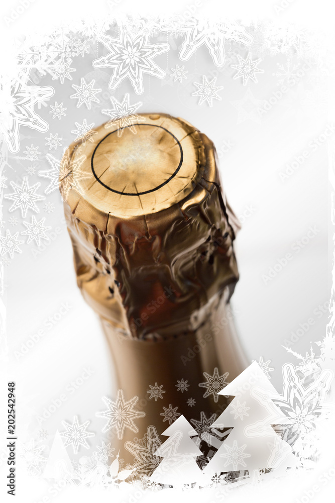 圣诞相框靠着香槟瓶顶部的特写镜头