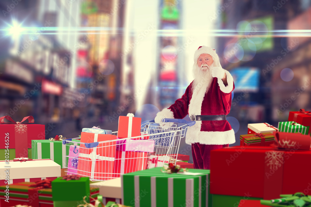圣诞老人在纽约模糊的街道上用手推车送礼物