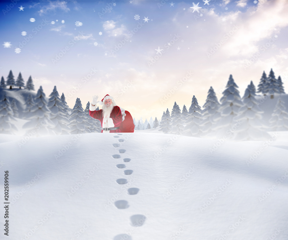 圣诞老人在美丽的橙色和蓝色的天空中漫步