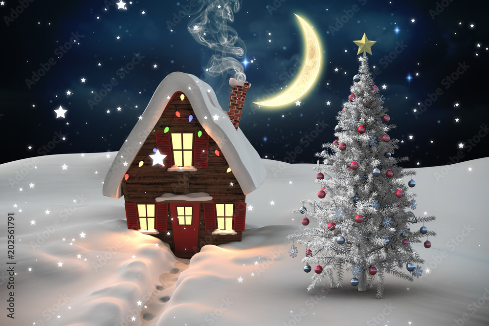 圣诞树和房子与夜空中闪烁的星星的合成图像