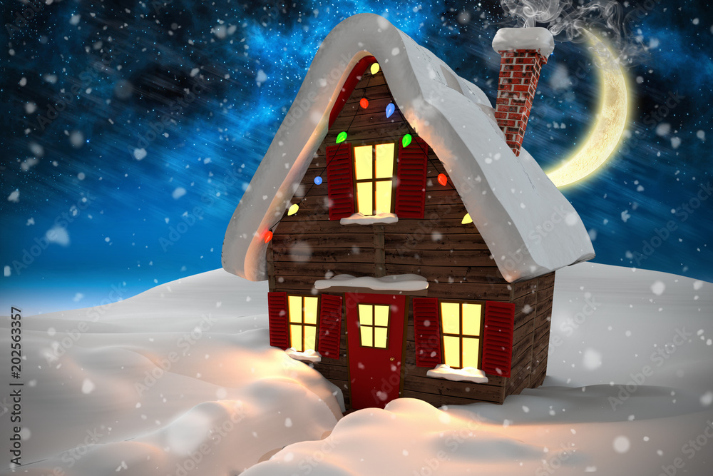 蓝色极光夜空下的圣诞屋合成图像