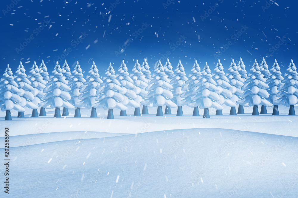 雪景中冷杉树与降雪的合成图像
