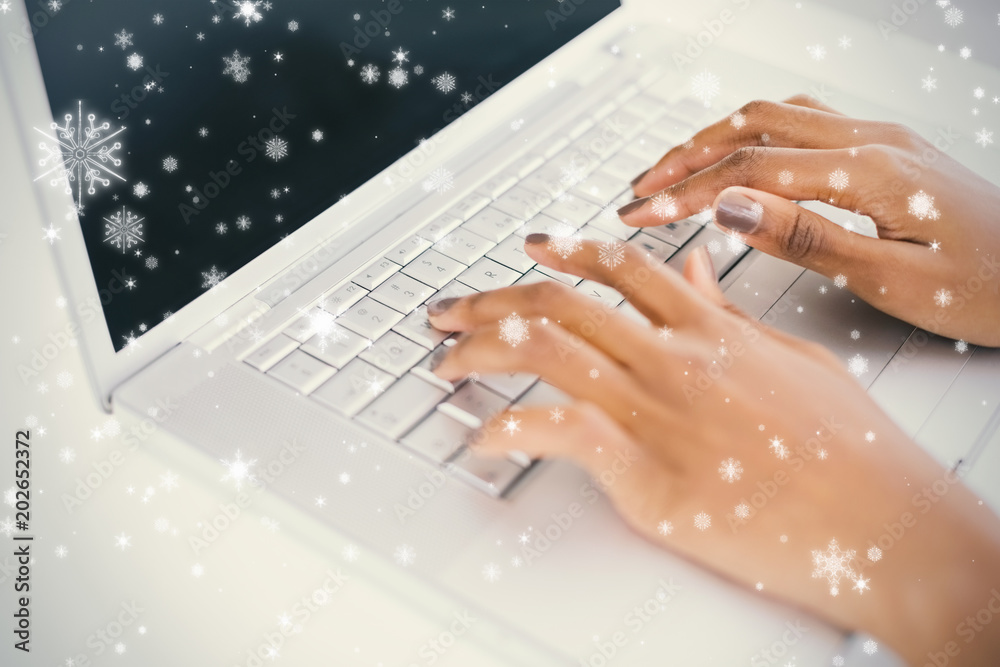 近距离观察女性在雪地里用笔记本电脑打字