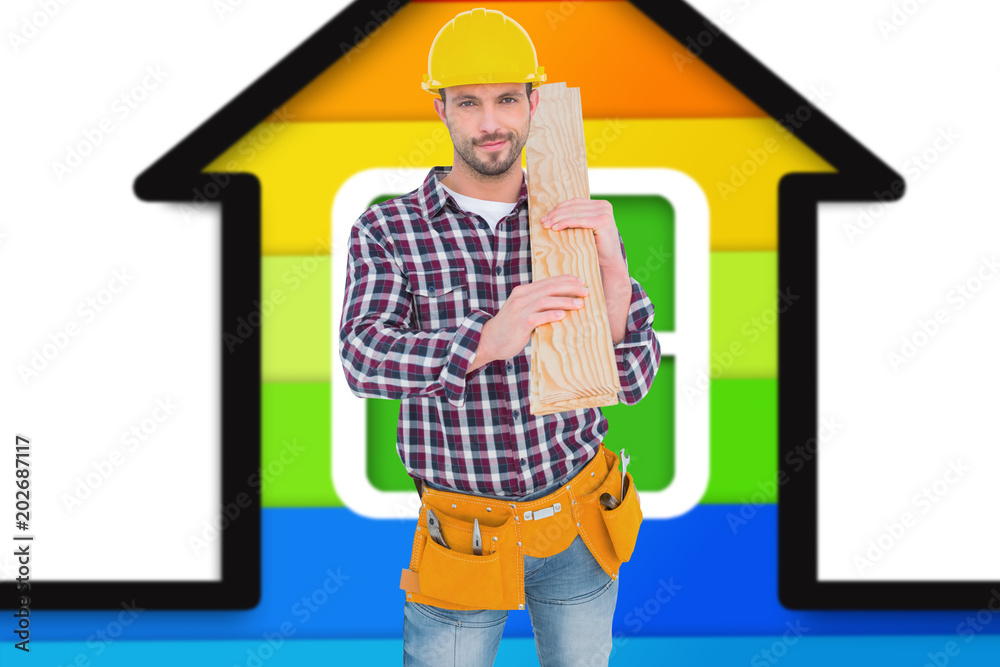 手持木板的勤杂工在白色背景下的彩色房子里
