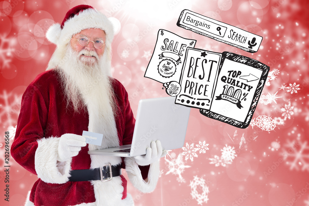 圣诞老人在笔记本电脑上用信用卡付款，上面有白色雪花的红色设计