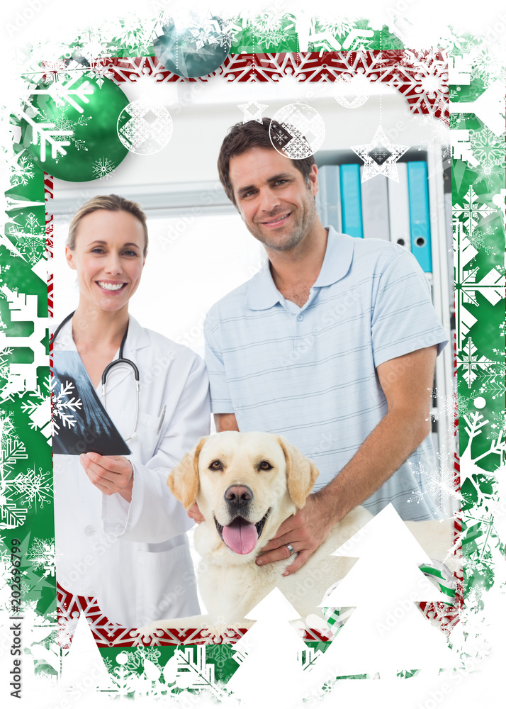 宠物主人和兽医用狗的X光照对抗圣诞主题框架