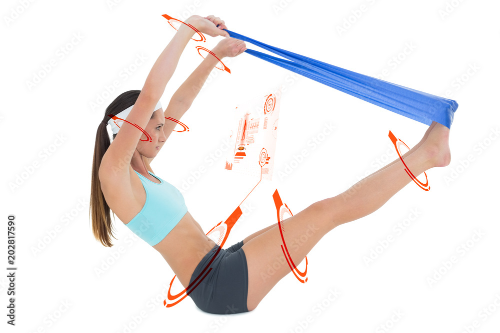 健康的年轻女性在健身界面上系蓝色瑜伽带锻炼