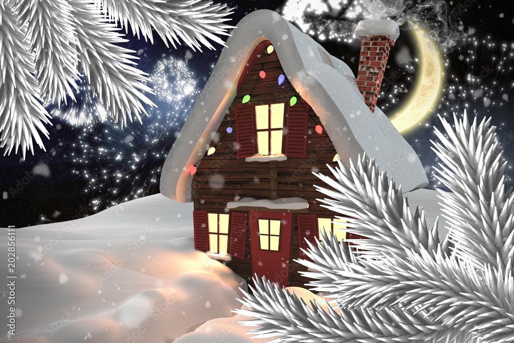 白色烟花在黑色背景下爆炸的圣诞屋合成图像