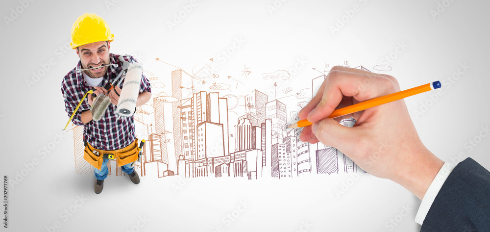 用铅笔一起对着大型城市建筑手写