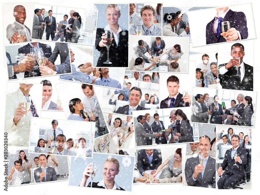 Collage of businessmen toasting and drinking champagne against snow