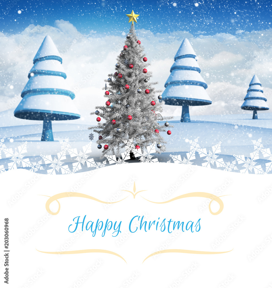 雪景中圣诞卡与圣诞树的合成图像