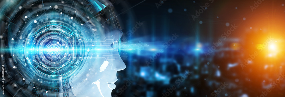 使用人工智能创建数字界面3D渲染的机器人头部