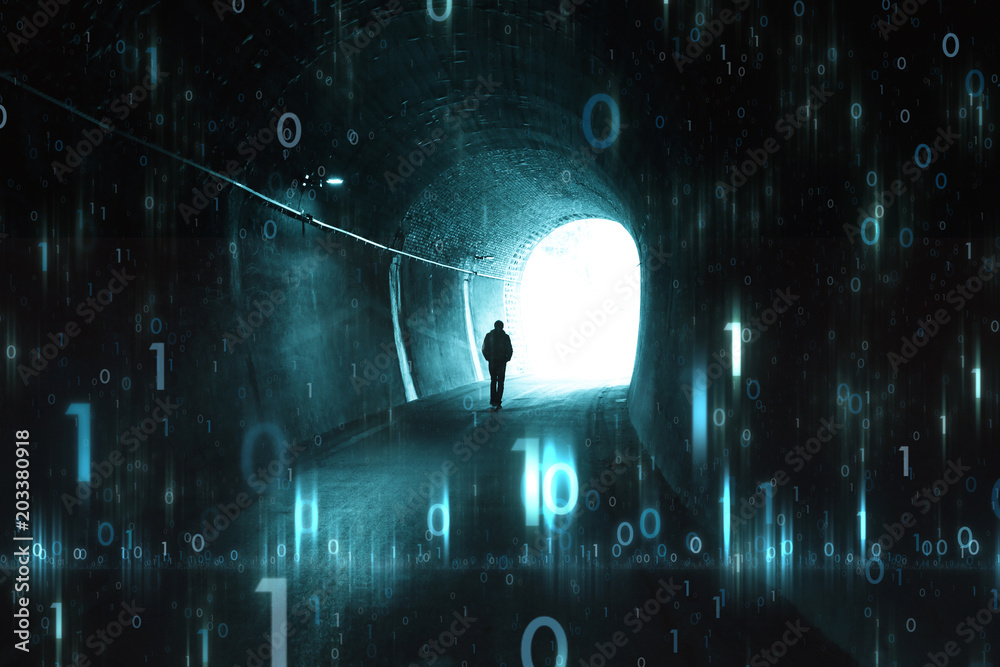未来主义网络空间背景与黑暗隧道中的一名男子。