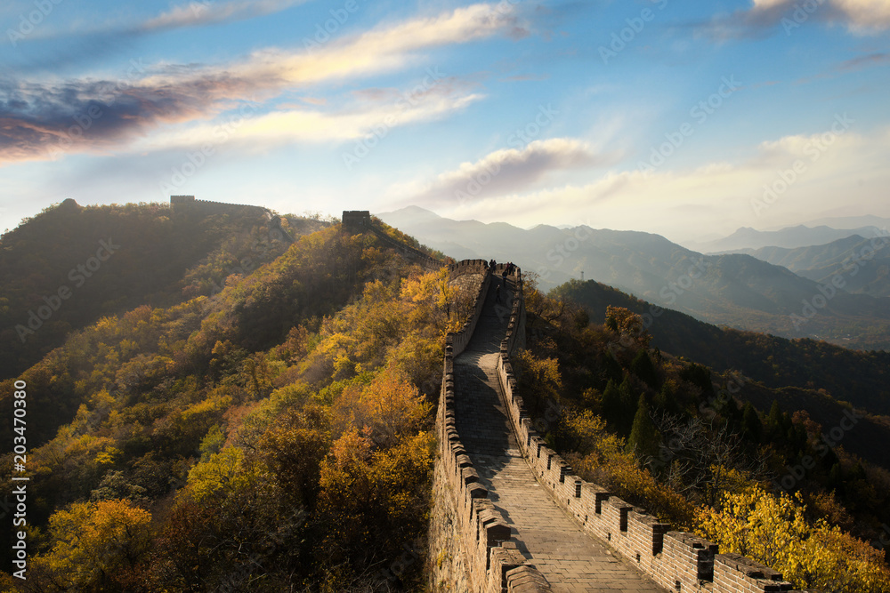 China The great wall distant view compressed towers and wall segments autumn season in mountains nea