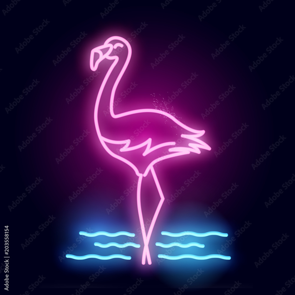 一个发光的霓虹管粉红色火烈鸟标志。分层矢量插图。