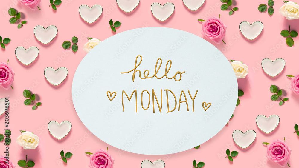 Hello Monday message with pink roses and hearts 