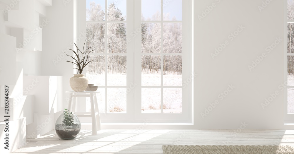 白色空房间，窗户里有家居装饰和冬季景观。斯堪的纳维亚室内设计。3D il
