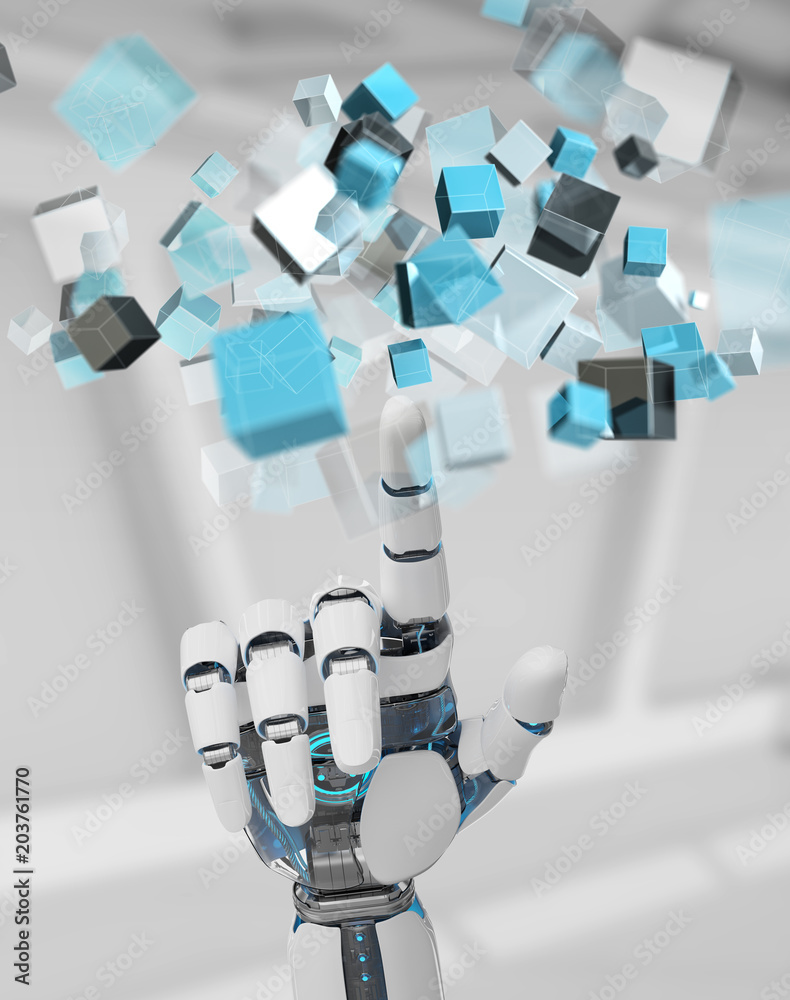 使用蓝色数字立方体结构的白色半机械人手3D渲染