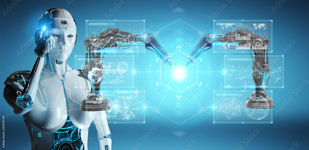 白人女性机器人使用带数字屏幕3D渲染的机器人手臂