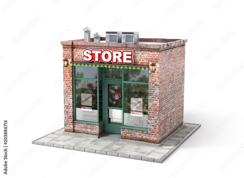 商业概念。白色隔离的空招牌商店。3d插图