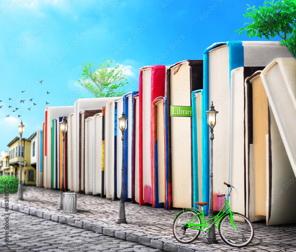 教育理念。校园。街道上的建筑般的书堆。图书大道。三维插图。