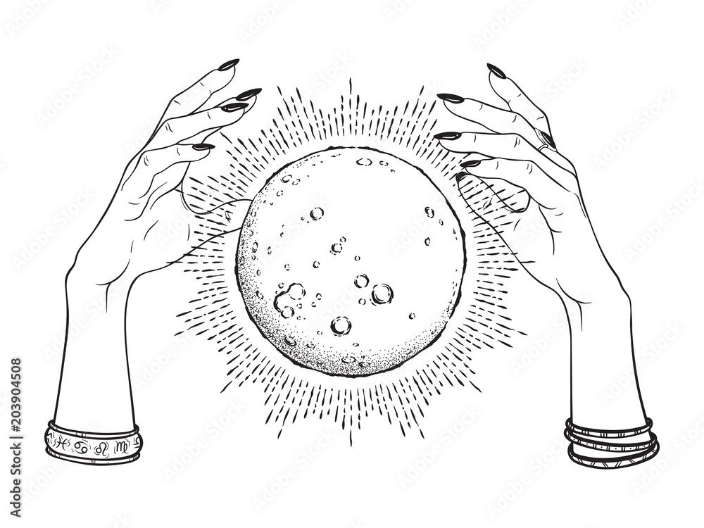 Hand drawn full moon with rays of light in hands of fortune teller line art and dot work. Boho chic 