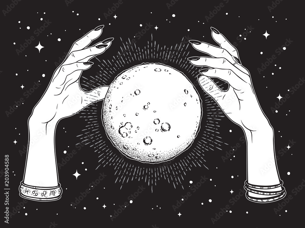 占卜师手中的线条艺术和圆点作品中的光线手绘满月。波西米亚风格