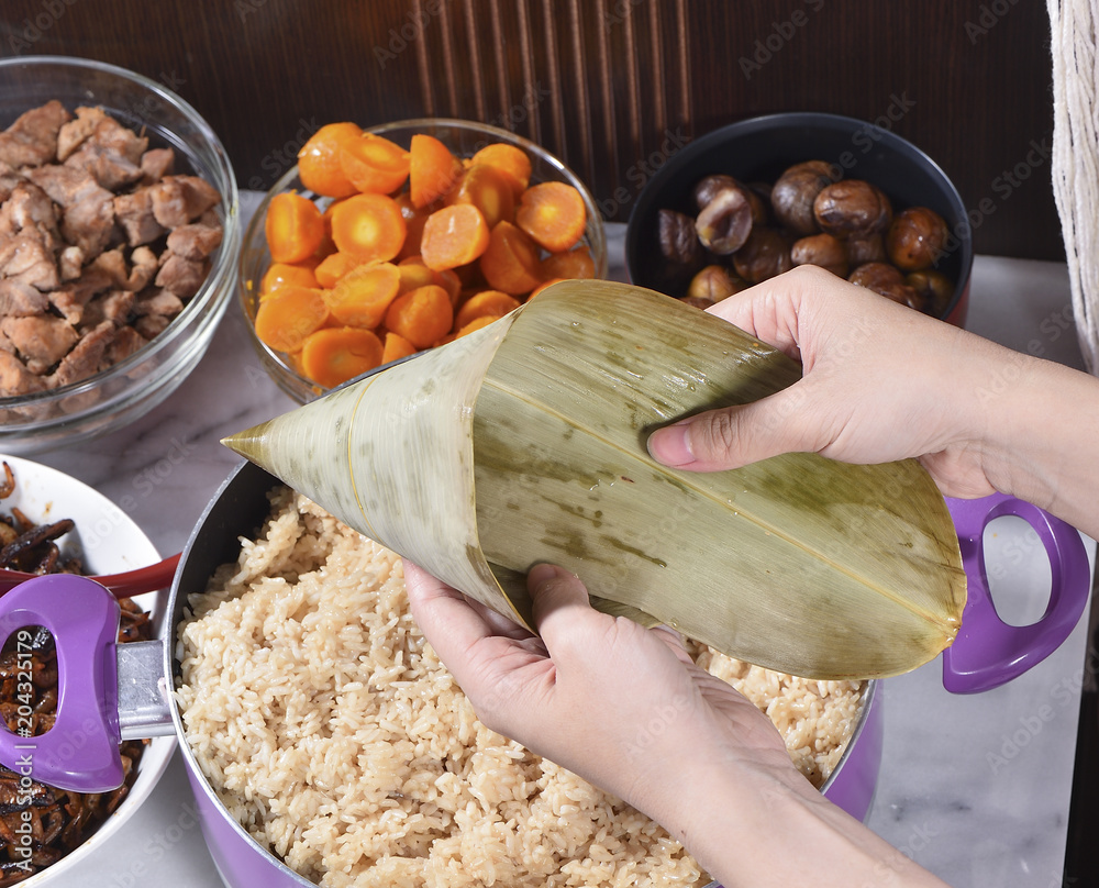 Procedure step of making zongzi or rice dumpling recipe on Dragon Boat   Festival, Asian traditional