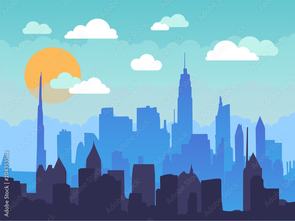 清晨平坦的城市景观，蓝天、白云和阳光。城市天际线插图。