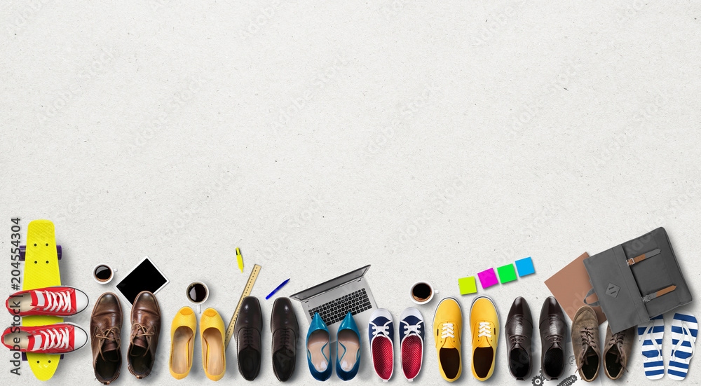 Shoes stand in a row with other accessories