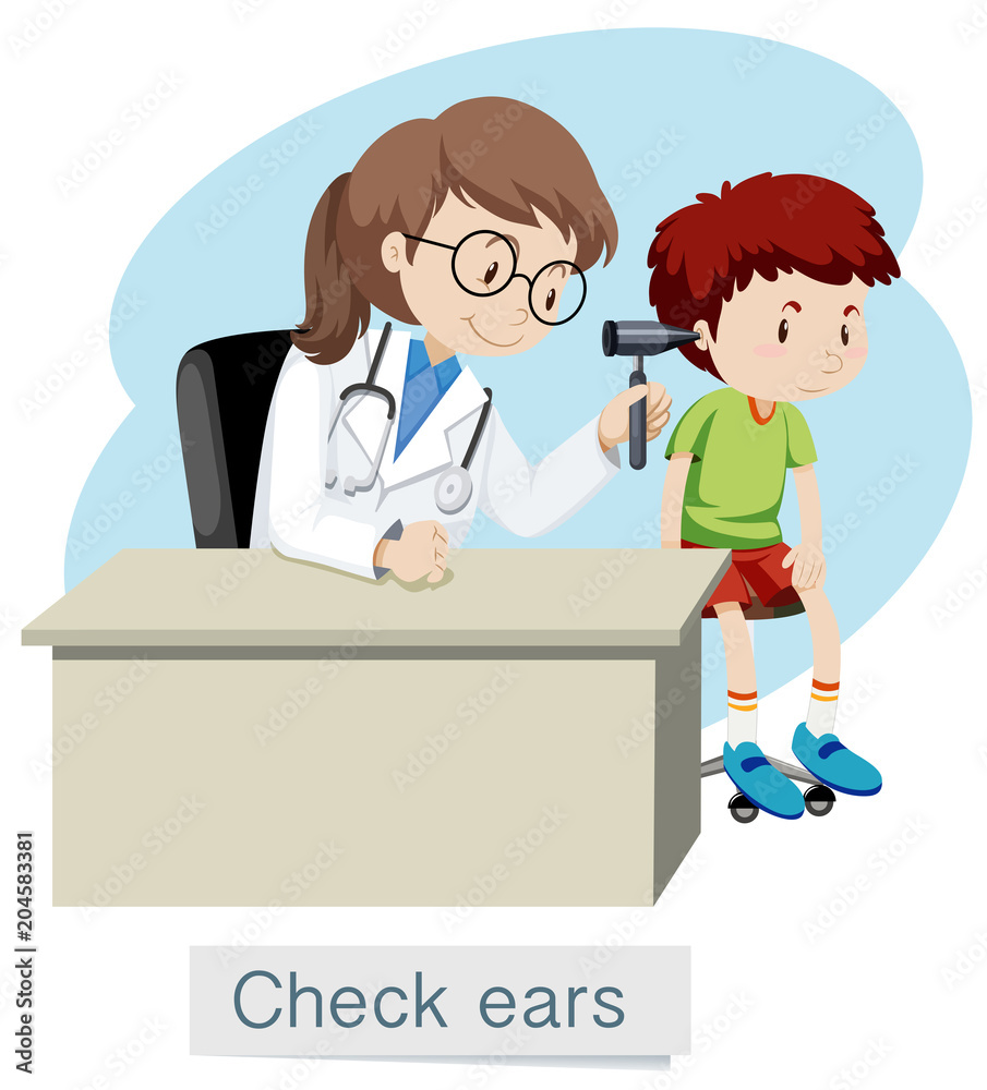 一个男孩正在和医生检查耳朵