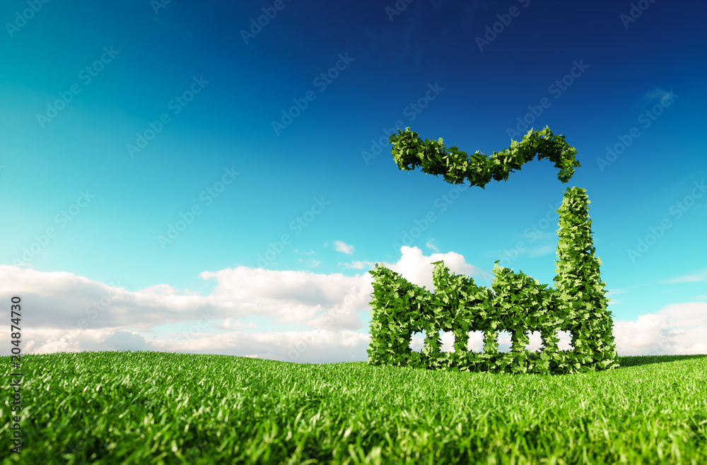 生态友好的行业概念。蓝色s在清新的春天草地上的绿色工厂图标的3d渲染