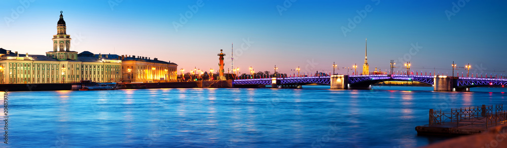 晚上看圣彼得堡。日落后的城市全景，光线优美
