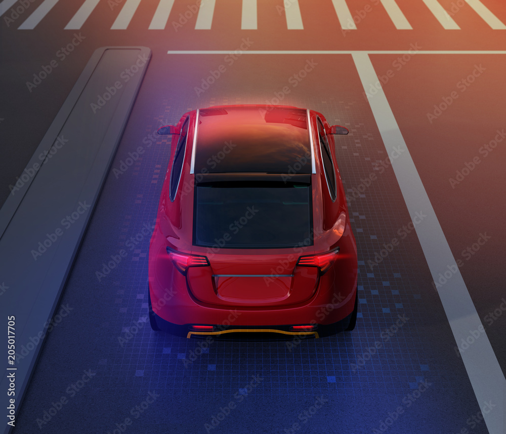 红色SUV在道路上行驶的后视图（低角度），经过图形网格图案修饰。夜间行车