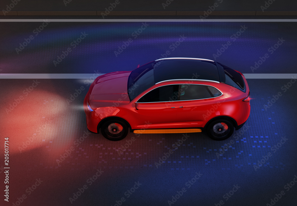 红色SUV在道路上行驶的侧视图，经过图形网格图案修饰。夜间交通。3D ren