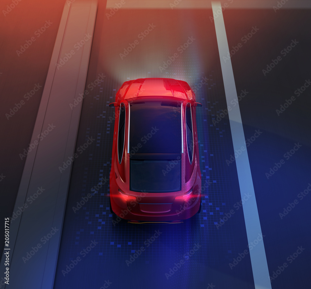 红色SUV在道路上行驶的后视图，经过图形网格图案修饰。夜间交通。3D ren
