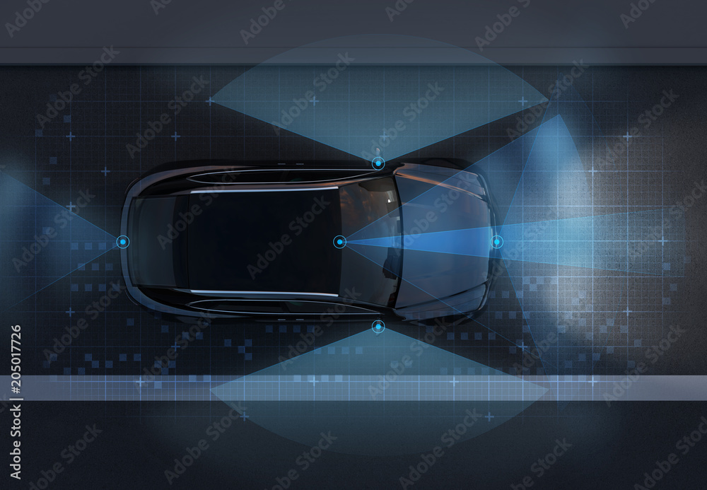 自动驾驶SUV在道路上的俯视图，带有经过修饰的感应图形图案。夜间交通。3D