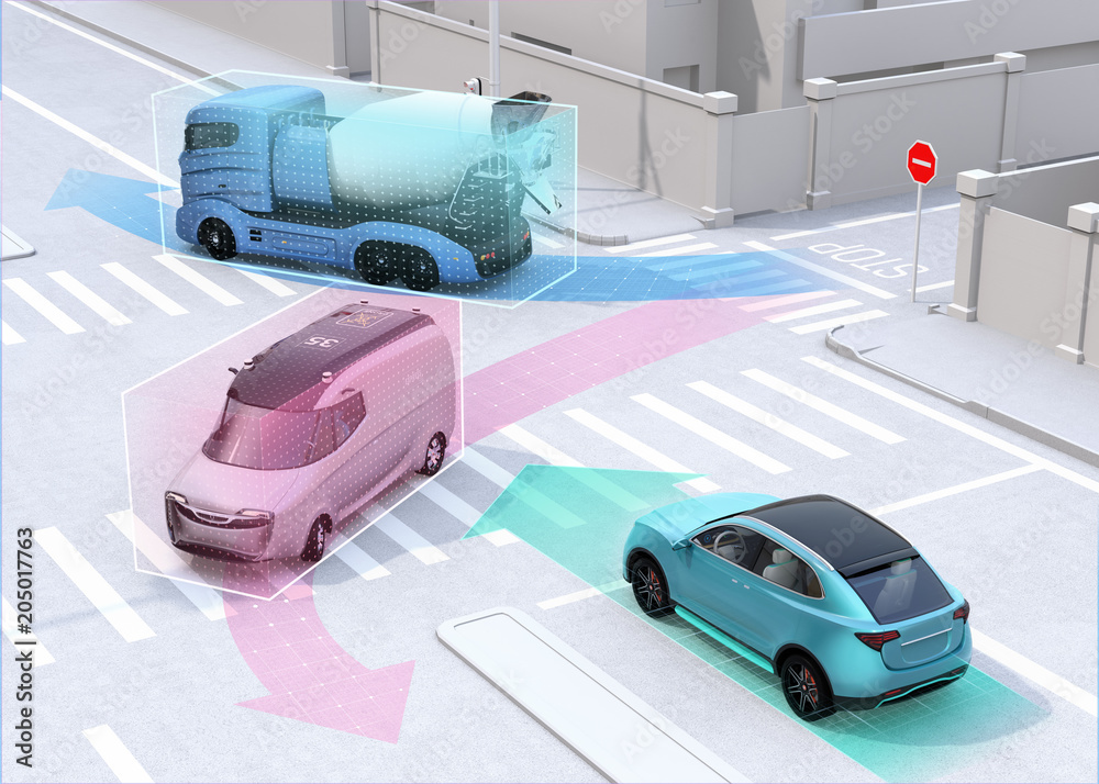 自动驾驶汽车在道路上共享汽车驾驶信息。互联汽车概念。3D效果图