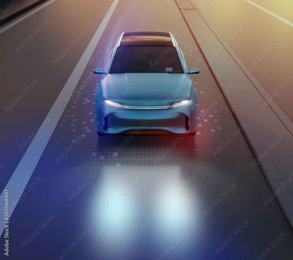 金属蓝色SUV在道路上行驶的前视图，经过图形网格图案修饰。夜间交通