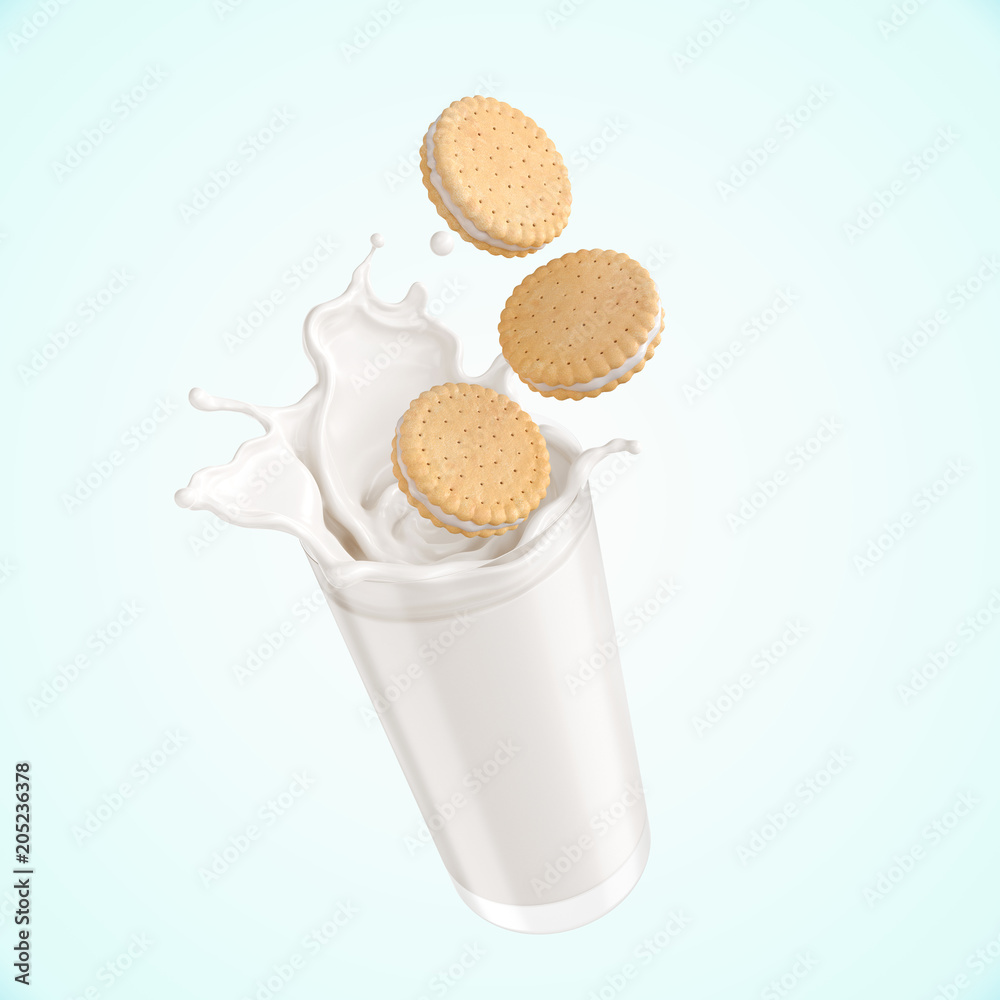 带牛奶飞溅的三明治饼干，饼干包装设计的三维插图。