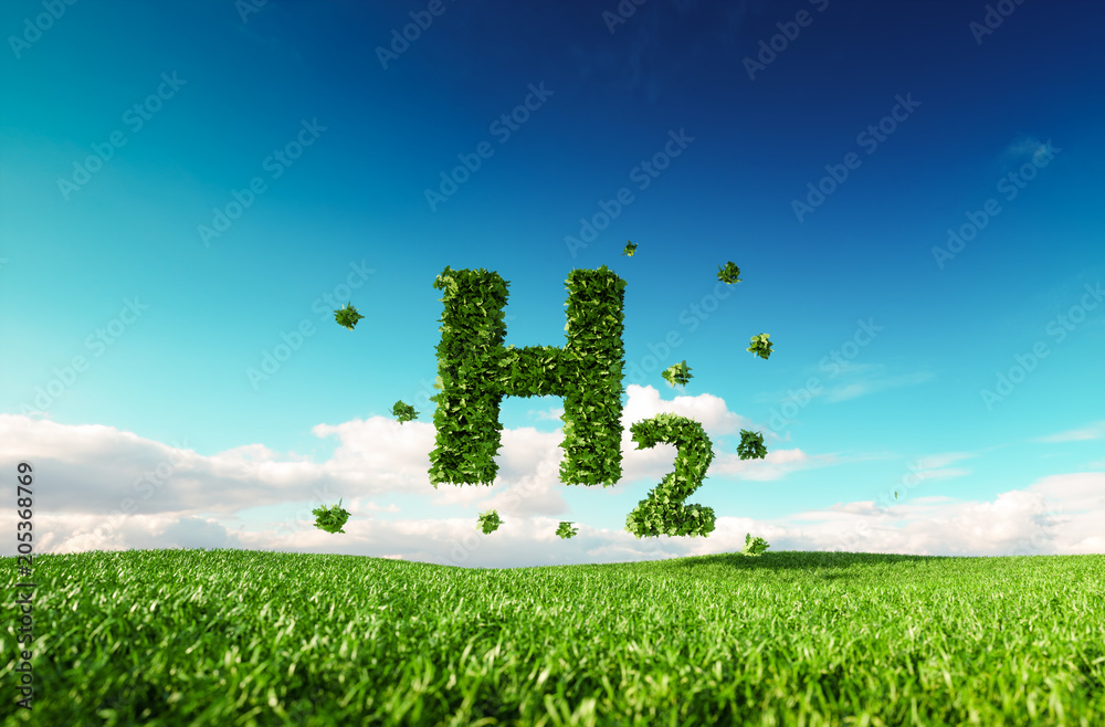 生态友好的清洁氢能概念。清新的春天草地上的氢图标三维渲染