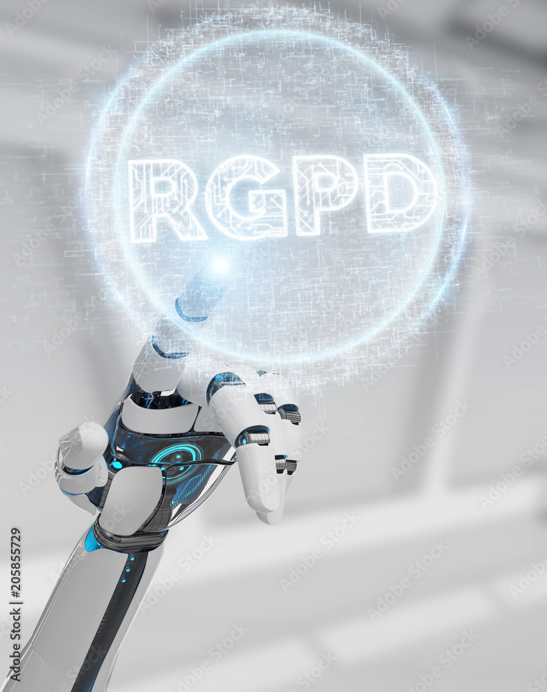使用数字GDPR接口的白色机器人手3D渲染