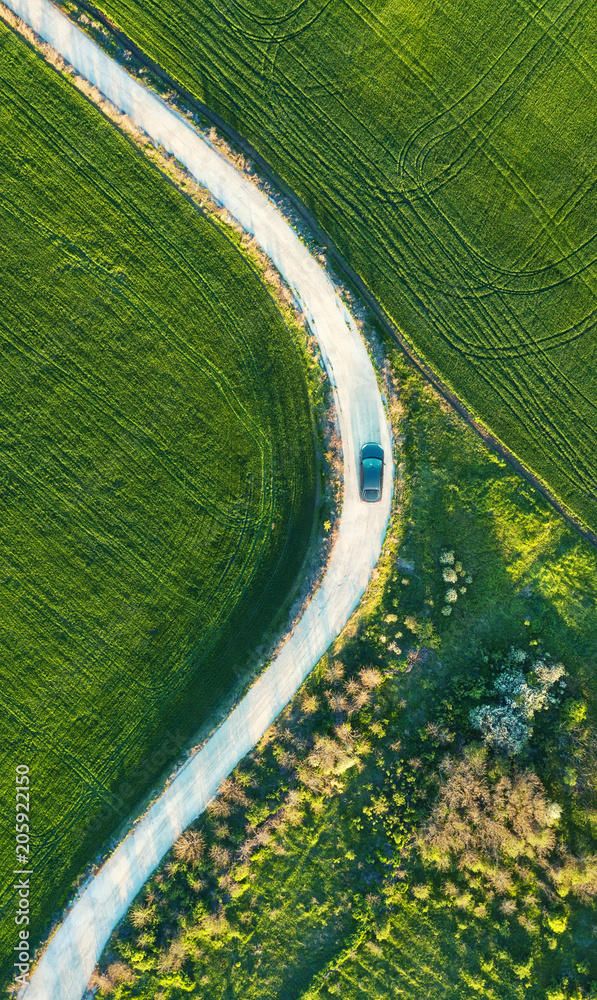 田野上的道路和汽车。空中的农业景观