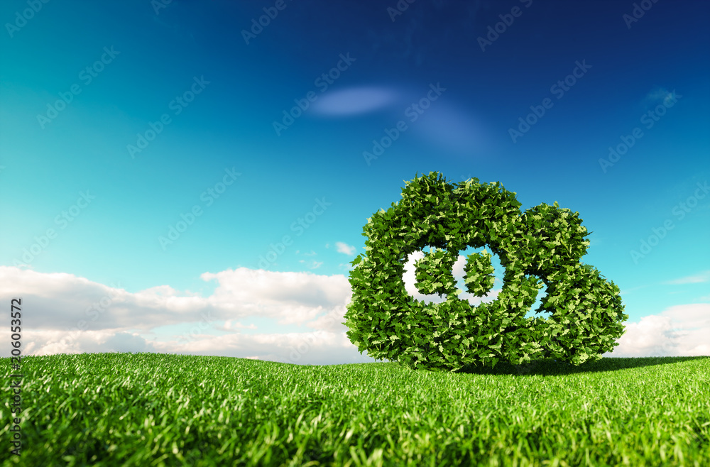 二氧化碳排放控制概念。用蓝色渲染新鲜春季草地上的二氧化碳云