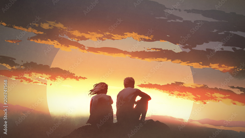 一对年轻夫妇坐在岩石上看日落的剪影，数字艺术风格，插图
