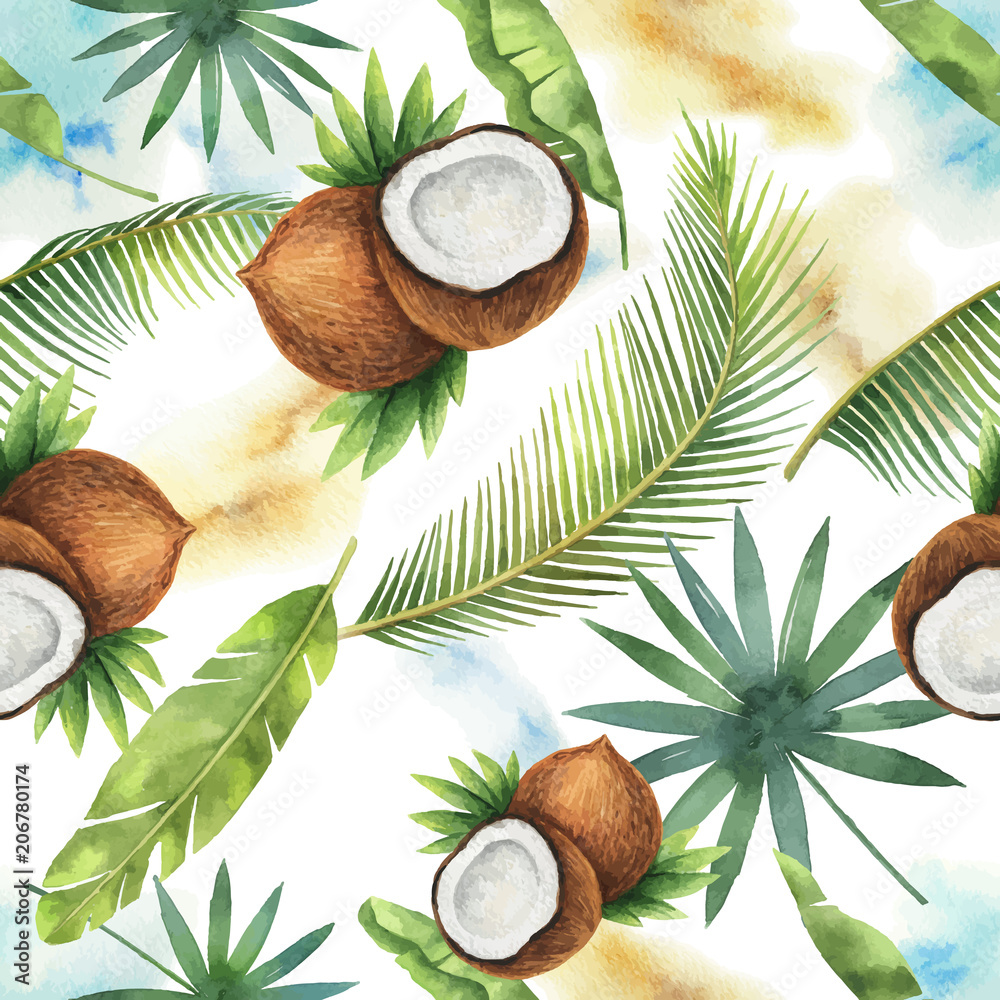 白色背景上隔离的椰子树和棕榈树的水彩矢量无缝图案。